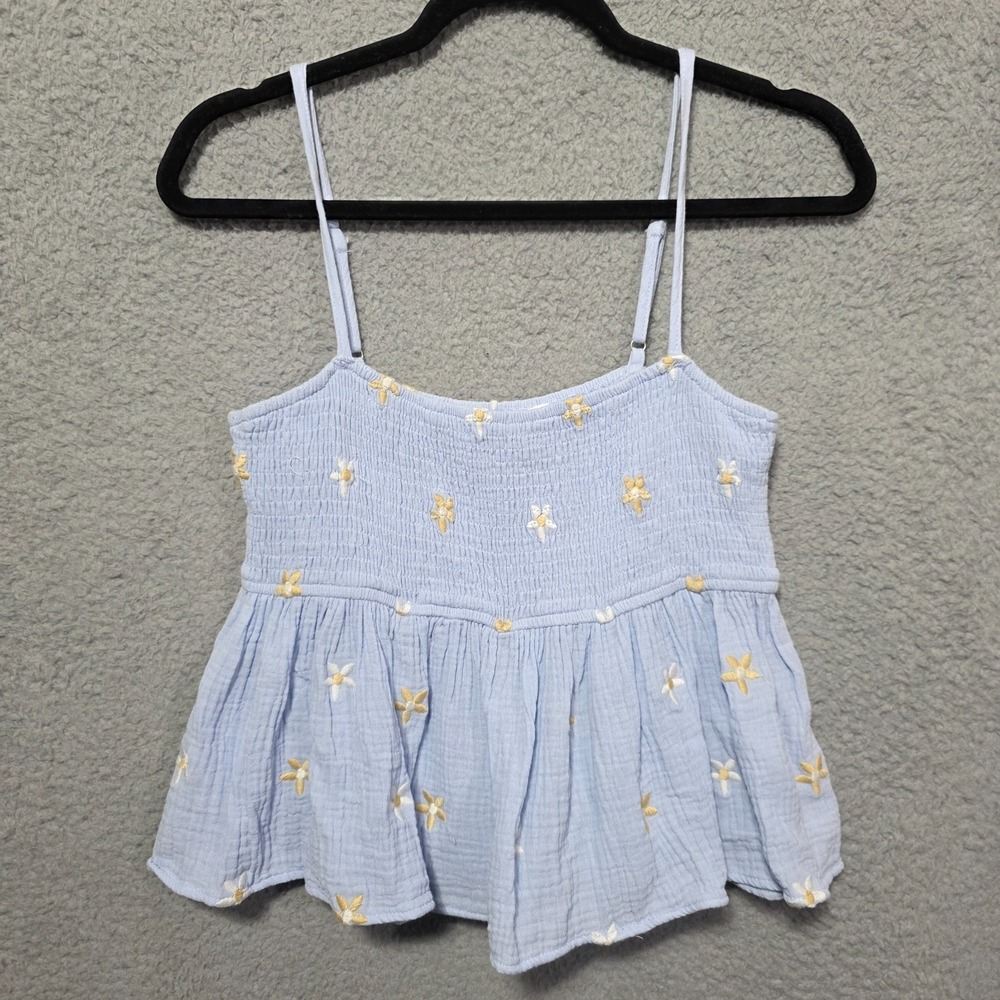 ALTARD STATE Babydoll Crop Spaghetti Strap Blue Floral Top Medium Seersucker